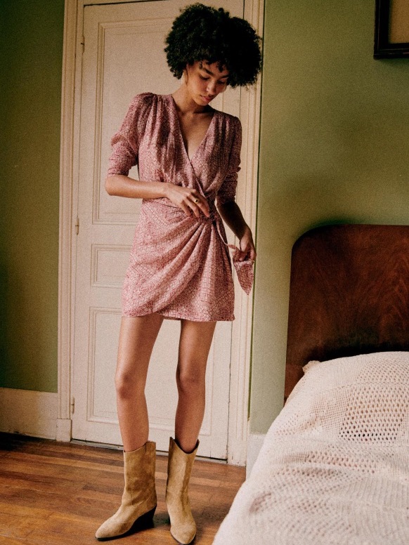Sezane Noemia Dress Printed Mosaic Burgundy Paisley-Print Long Sleeve Wrap Dress